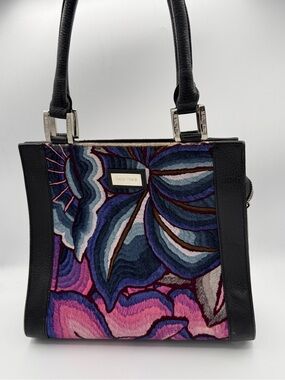 Pineda Covalin Leather Silk Purple Floral Tote Bag Feminine